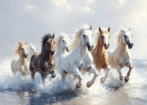 Paarden galopperen door oceaangolven