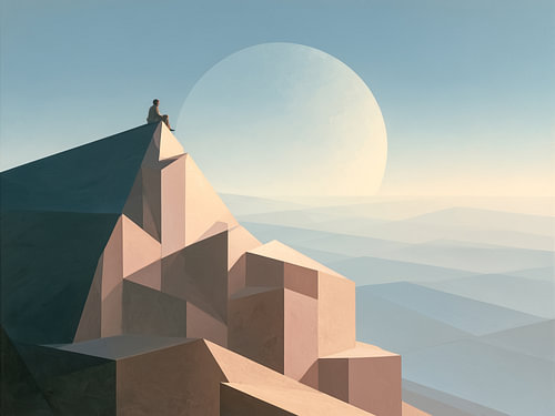 Träumer auf einem geometrischen Berg – Surrealistische minimalistische Kunst