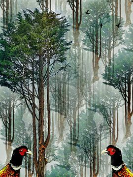 Fazanten in een bos met schimmen