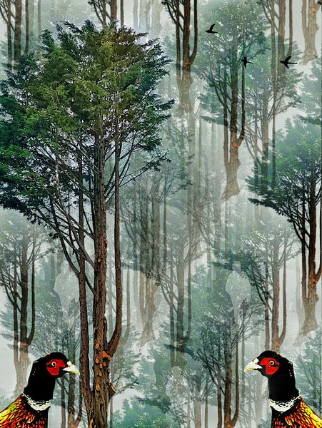 Fazanten in een bos met schimmen