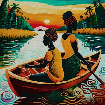Zwei Frauen beim Fischen an einem afrikanischen Fluss von Jan Keteleer