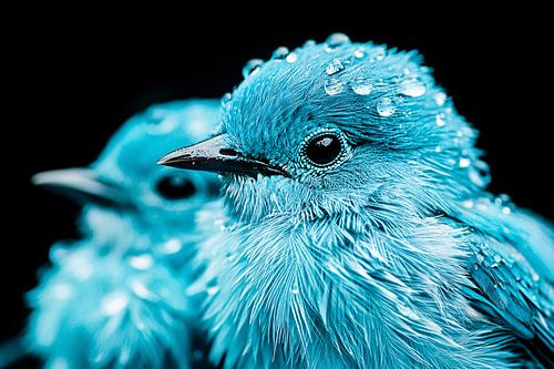 Blue bird with drops close-up