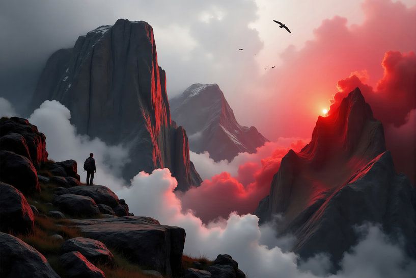 Wandelaar observeert zonsondergang boven roodgekleurde bergen en wolken van Markus Gann