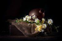 Rozentak met delicate geelwitte bloemen op rustiek jute,