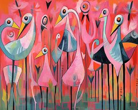 Schilderij Kleurrijke Vogels | Swingende Flamingo's van ARTEO Schilderijen