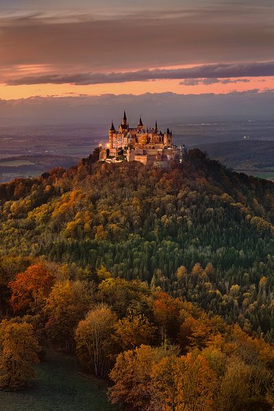 Evening Hohenzollern Castle in the golden autumn by Voss photography