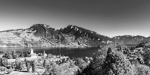 Spiez aan het meer van Thun in Zwitserland - monochroom