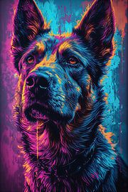 Œuvre d'art néon représentant un berger allemand plein de vie - Portrait abstrait et coloré d'un chien sous forme d'illustration graffiti sur VICTOR S