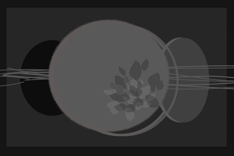 Round shapes in shades of grey with leaves by Anneke Hooijer