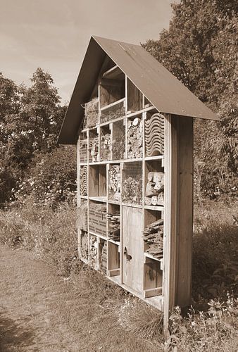 Insect hotel in sepia.