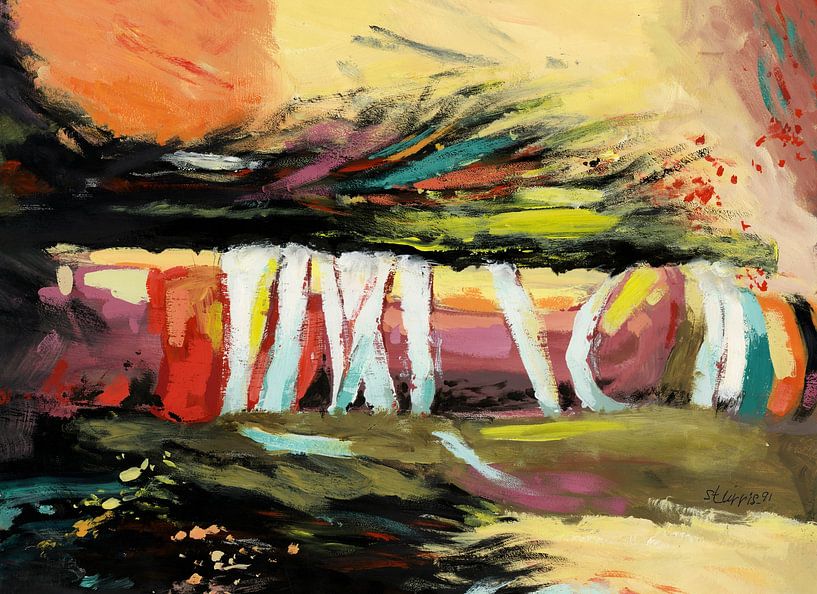 Loslaten en verbinden  - semi-figuratief landschap - acryl op papier door Hans Sturris. van Galerie Ringoot