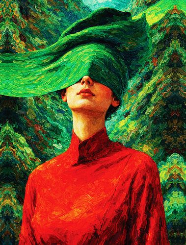 Omhelzing van de natuur's Geblinddoekte vrouw Rood Impasto Portret