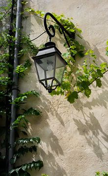 Oude zwarte lantaarn met groene planten eromheen in Saint-Émilion van Jochem van der Meer