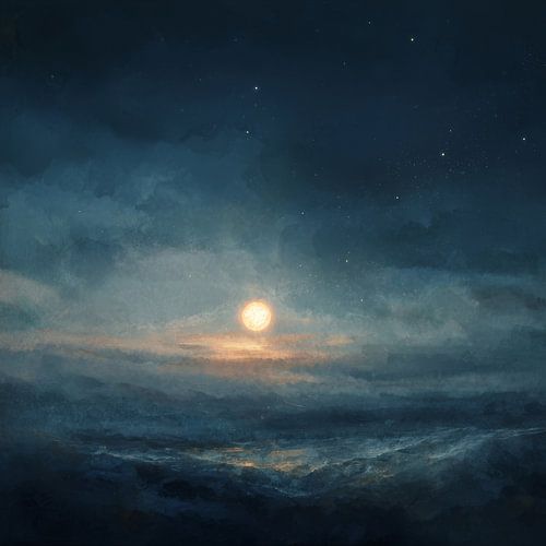 Mer calme sous la lune nocturne