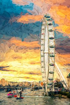 Feuriger Himmel über dem London Eye - Digitale Malerei von Joseph S Giacalone Photography