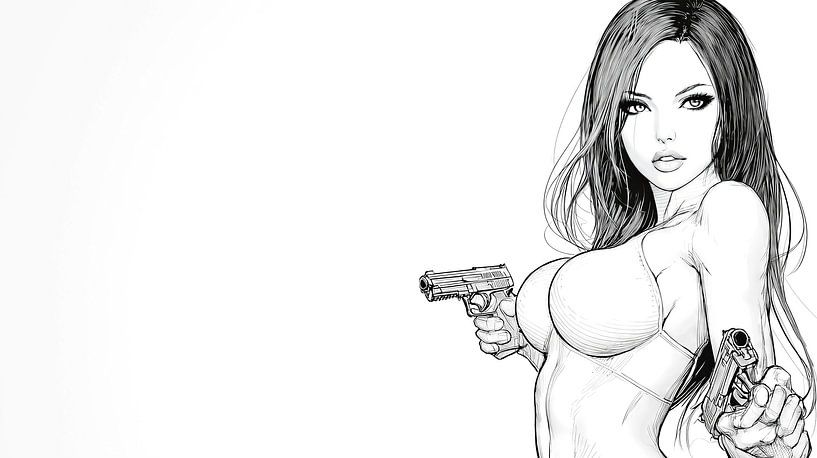 Confident woman with pistols by Frank Heinz