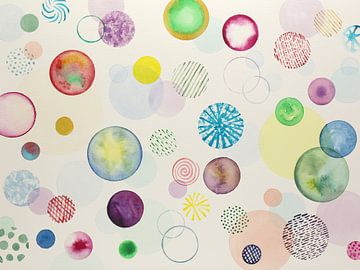 Bubbels (vrolijk aquarel schilderij stippen galaxy cirkels planeten kinderkamer retro druk behang) van Natalie Bruns