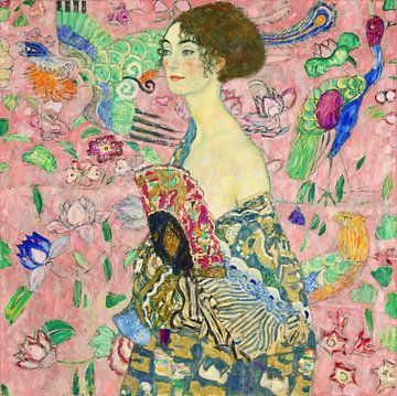 Dame met een waaier, Gustav Klimt (lichtroze, digitaal versterkt)