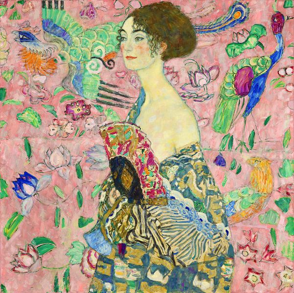 Dame mit Fächer, Gustav Klimt (hellrosa, digital vergrößert) von Meisterhafte Meister