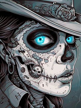 Mélancolie mystique : crâne féminin noir et blanc aux yeux bleus enchanteurs sur Minouche Hijkoop