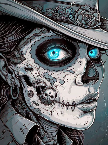 Mystische Melancholie: Schwarzer und weißer Frauenschädel mit bezaubernden blauen Augen von Shine by Nous