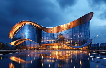 Futuristisch museum in het water van fernlichtsicht