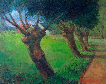 Landschap schilderij met wilgen en boerderij langs een landweg. Olieverf op doek.