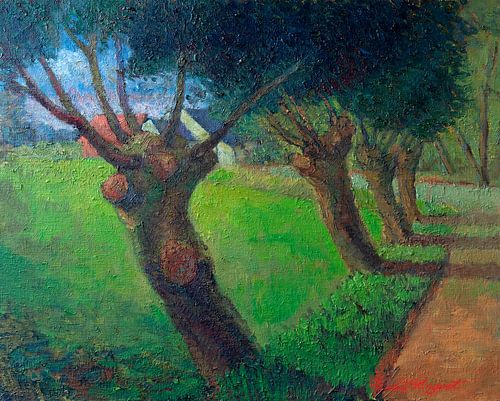 Landschap schilderij met wilgen en boerderij langs een landweg. Olieverf op doek.