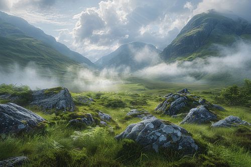 Lichttal zwischen grünen Bergen