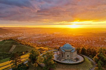 Sunset over the funeral chapel at the Württemberg in Stuttgart with view of the city by Capture ME Drohnenfotografie