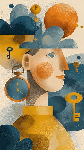 Zwevende sleutels en klokken Surrealistisch portret