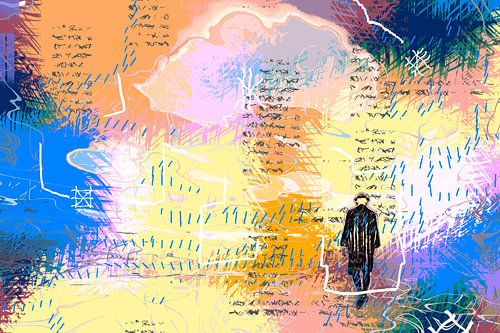 A colourful work featuring a walking old man