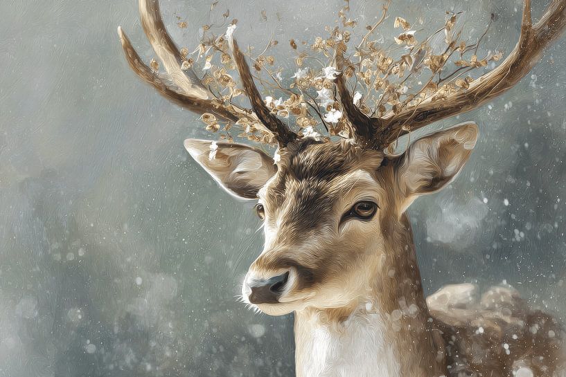 Hert met Bloemen in Gewei in Dromerig Winterportret van Eva Lee