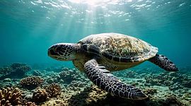Photographie sous-marine d'une tortue de mer sereine | Tableau représentant la vie marine d'un récif corallien baigné de soleil
