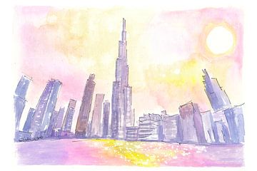 Burj Khalifa Dubai indrukken bij zonsondergang met wolkenkrabbers van Markus Bleichner