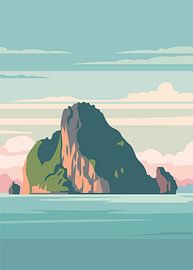 Minimalistische Vektorillustration einer Kalkstein-Karstinsel, die sich aus einem ruhigen türkisfarbenen Meer erhebt.