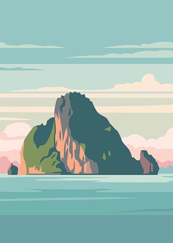 Minimalistische, platte vectorillustratie van een karsteiland van kalksteen dat uit een rustige, turquoise zee oprijst.