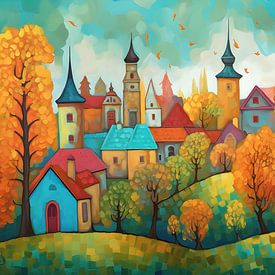 kleurig kasteel met dorpje in de herfst van Jan Bechtum