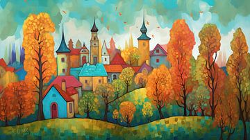 kleurig kasteel met dorpje in de herfst van Jan Bechtum
