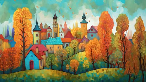 kleurig kasteel met dorpje in de herfst
