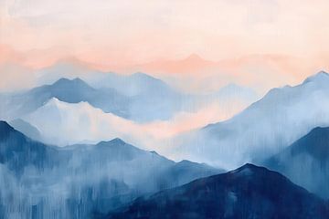 Stille Bergen: Abstract Kunstwerk in Perzik- en Blauwtinten van Thea