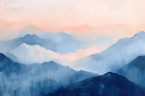Silent Mountains: Abstraktes Kunstwerk in Pfirsich- und Blautönen