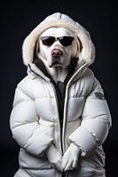 Labrador Dog dressed in white down jacket 02