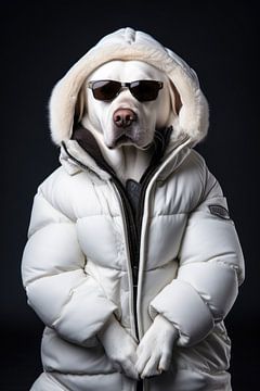 Labrador-Hund in weißer Daunenjacke 02 von Matthias Hauser
