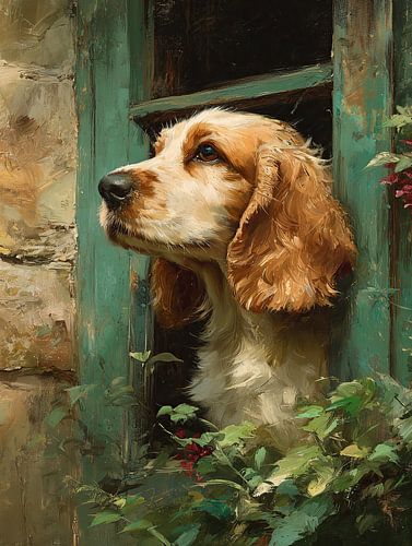 Engelse cocker spaniel bij het vintage raam