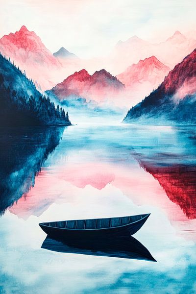 Bergsee mit Boot – Sanfte Farben von Poster Art Shop