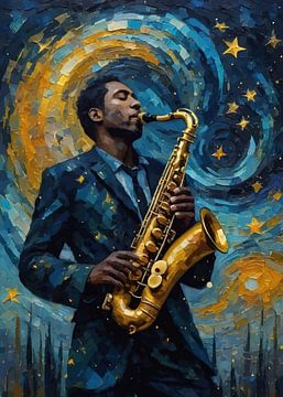 Man speelt saxofoon in abstracte sterrennacht van MIROKKU