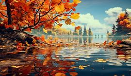 Herbstlandschaft mit See und bunten Laubbaum, Illustration Hintergrund