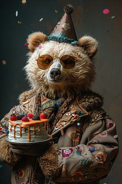 Grappige beer met verjaardagstaart en feestmuts van Poster Art Shop