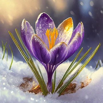 Purple golden crocus in the snow, illustration by Animaflora PicsStock